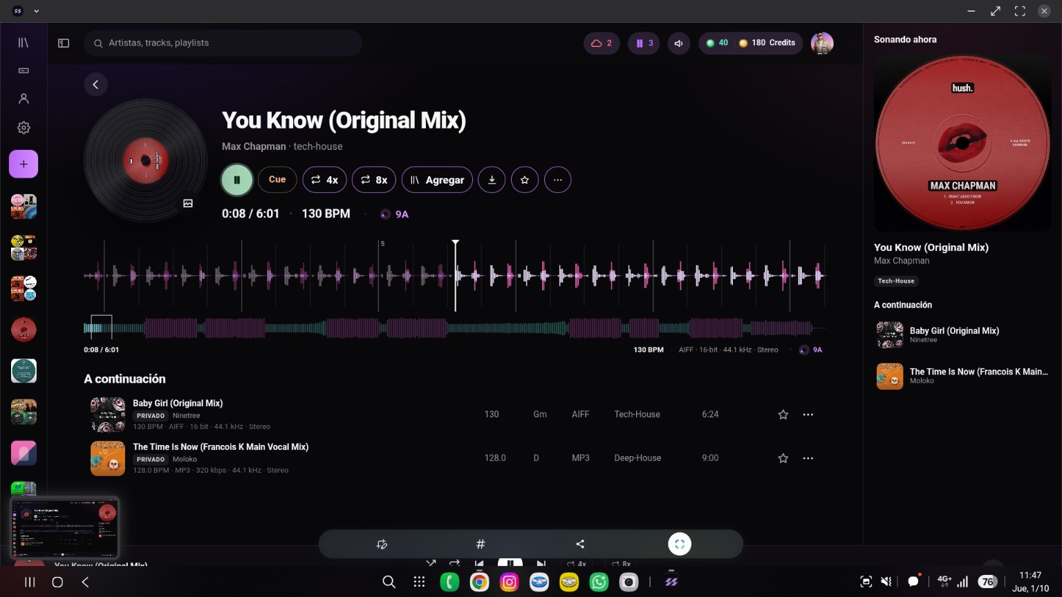 Reproductor actual de MUZZIC: artwork, forma de onda y controles del track