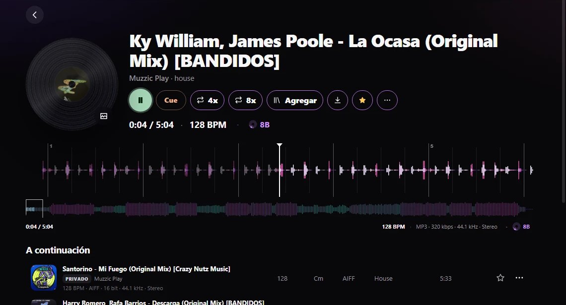 Captura real del reproductor MUZZIC con forma de onda y datos del track